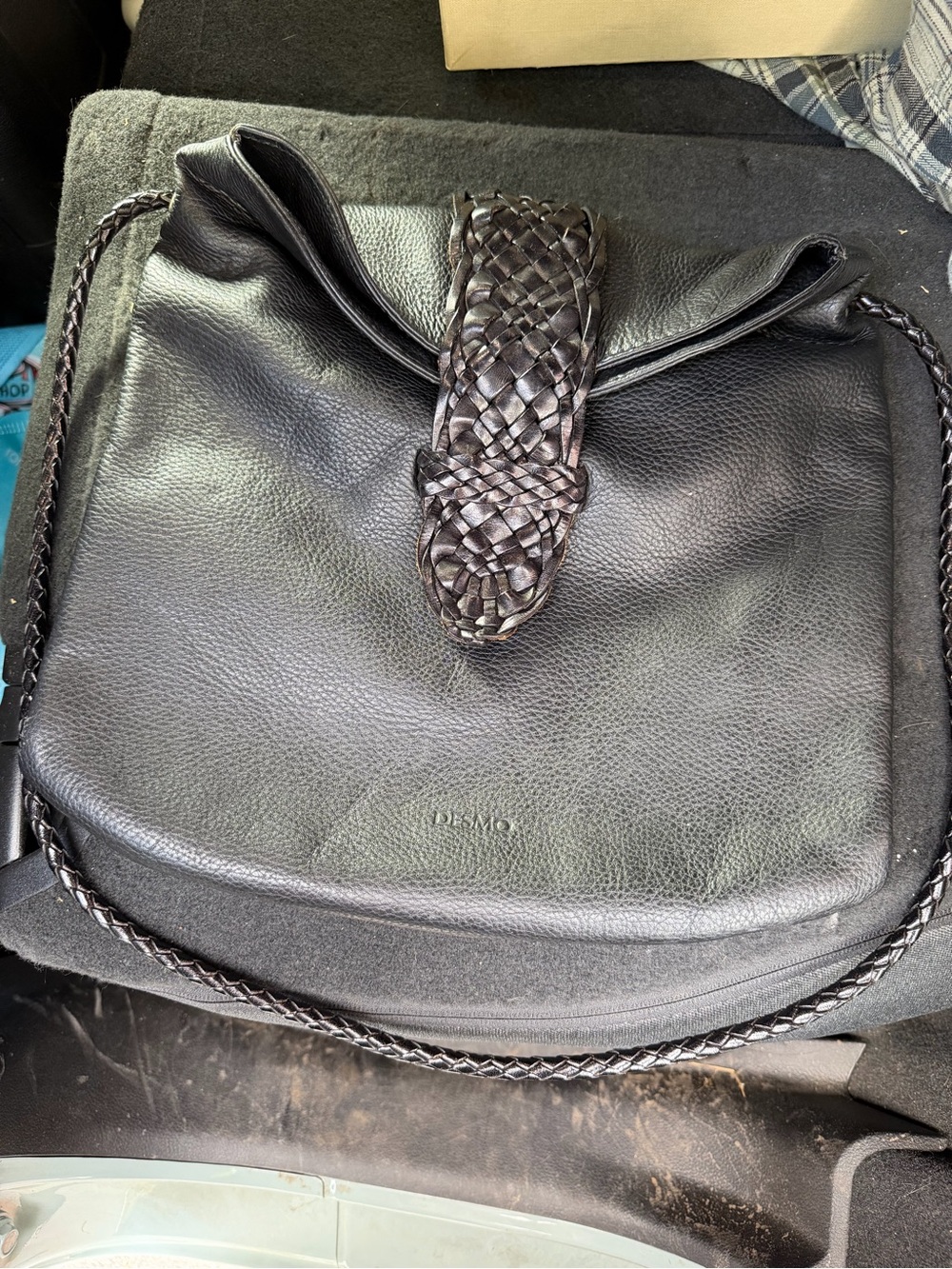 DESMO Black Leather Woven Flap Satchel
